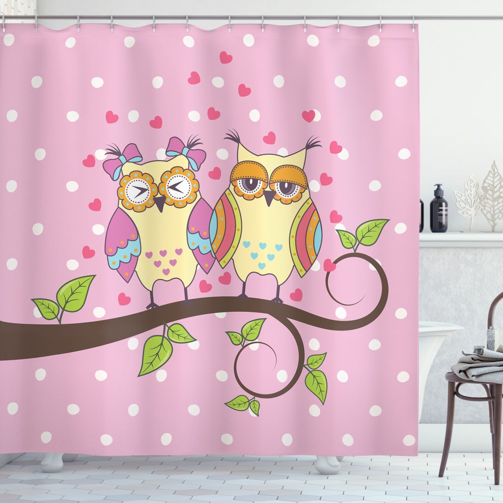 ABAKUHAUS Eulen Duschvorhang, Vögel in der Liebe auf Zweig, Wasser Blickdicht inkl.12 Ringe Langhaltig Bakterie und Schimmel Resistent, 175 x 200 ...
