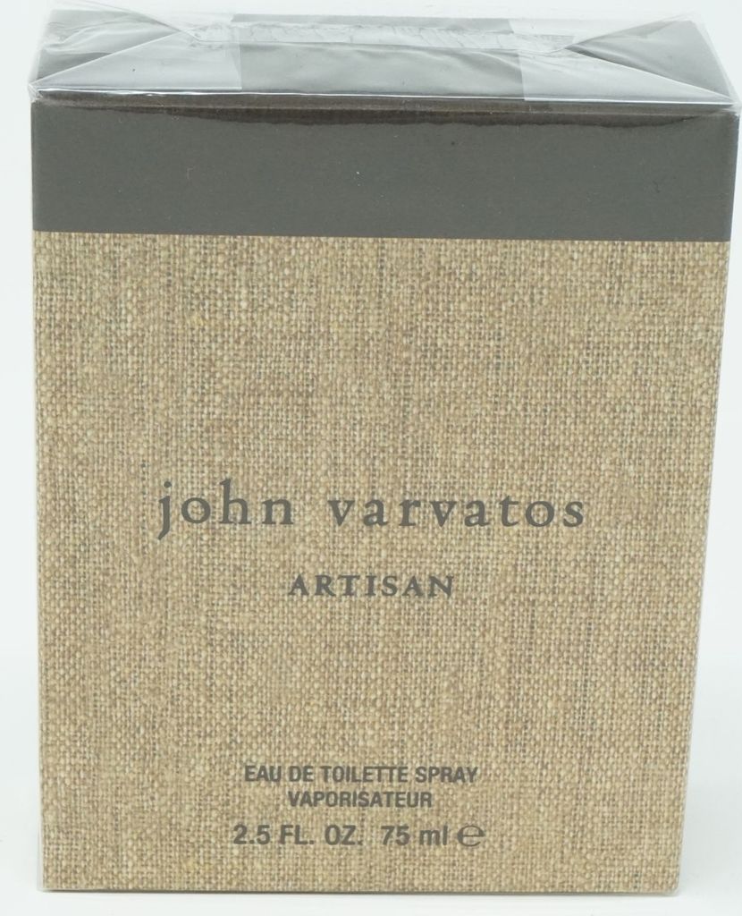 A close-up shot of the front of a John Varvatos Artisan Eau de Toilette spray bottle packaging.