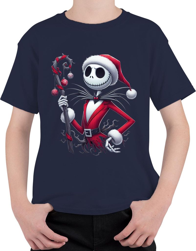 Jack Skellington Weihnachtsmann Skelett Halloween Geschenk retro Uni Kinder T-Shirt, Navy, 104