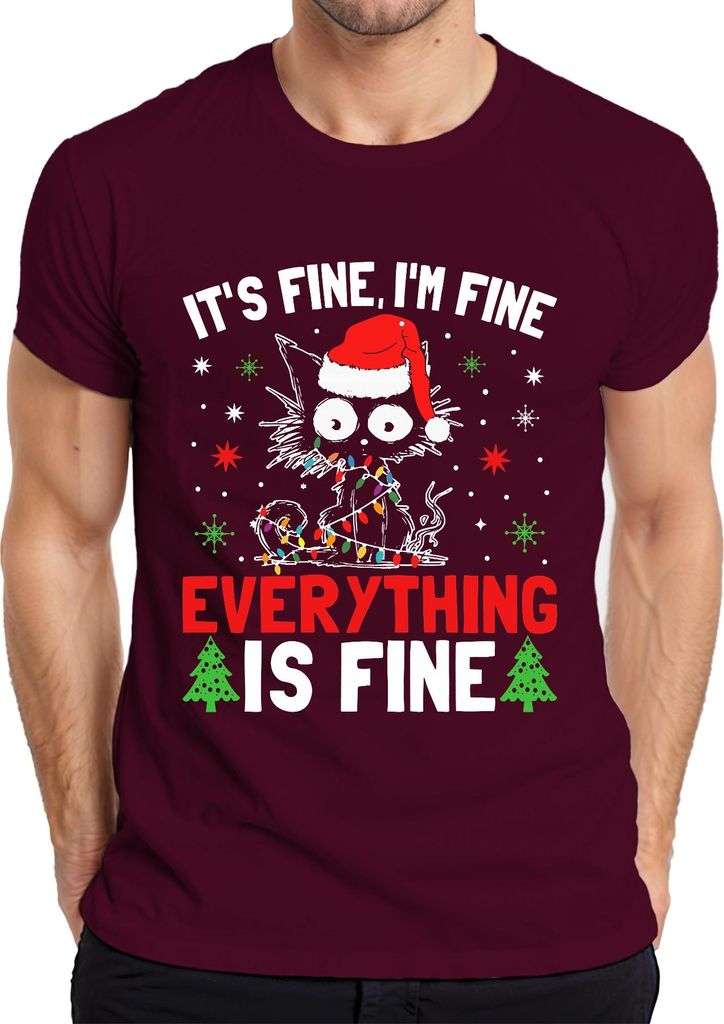It's Fine I'm Fine Weihnachten Katze Lichter lustig Geschenk Herren T-Shirt, Burgundy, XL