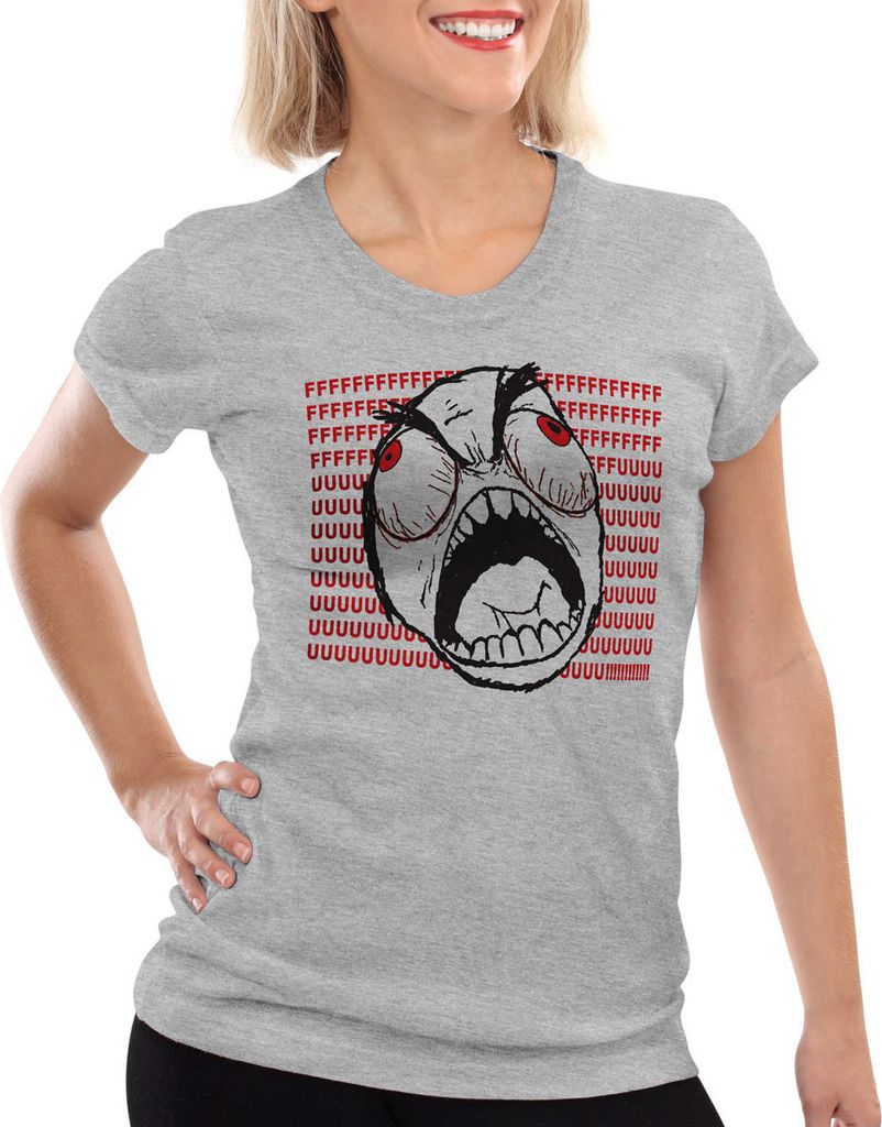 style3 Rage Gamer T-Shirt Damen Meme Karikatur Rageguy Internet Fuu, Farbe:Grau meliert, Größe:L
