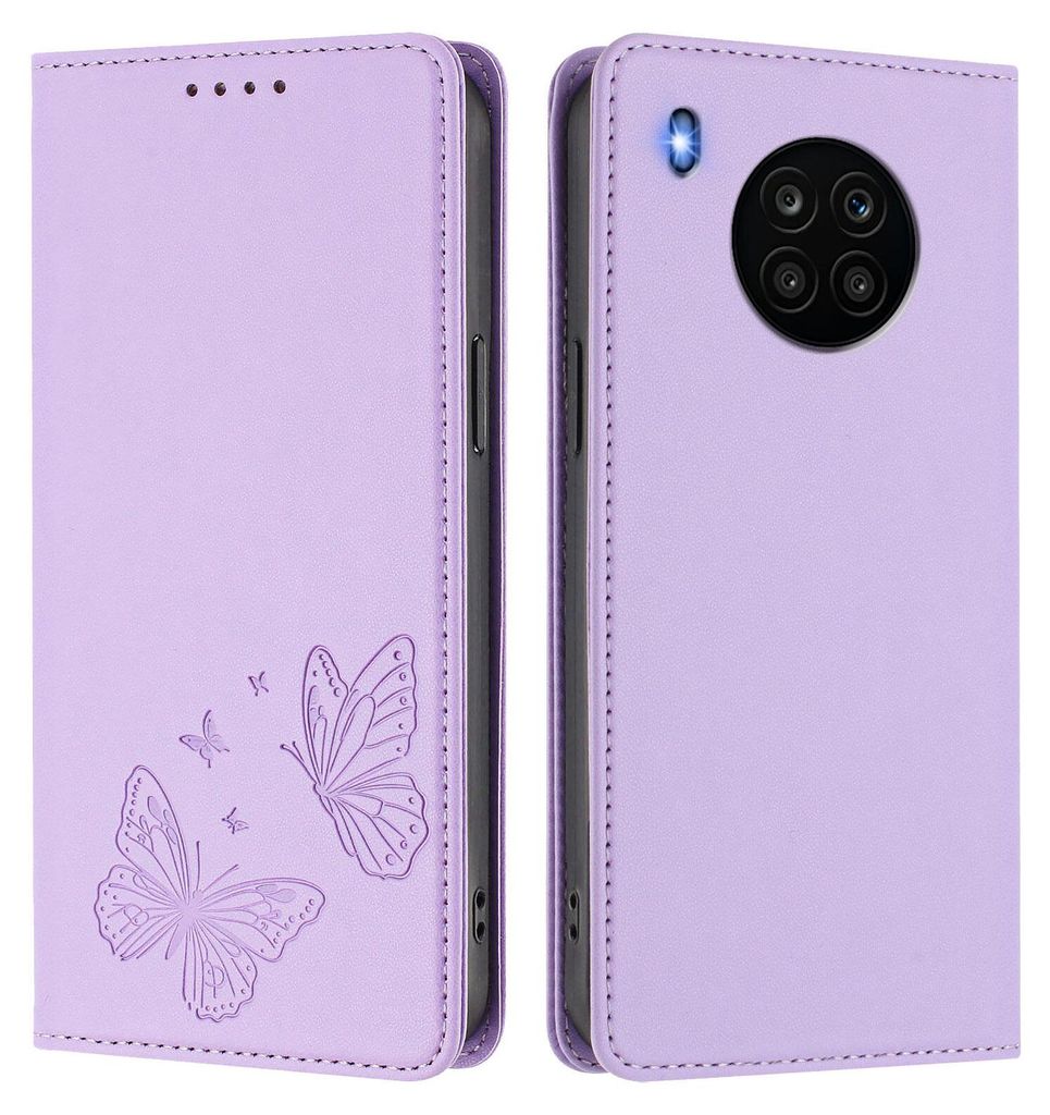 Lederhülle für Huawei Nova 8i /Honor 50 Lite, Schmetterling Prägung Leder Brieftasche Schutzhülle mit Ständer Violett