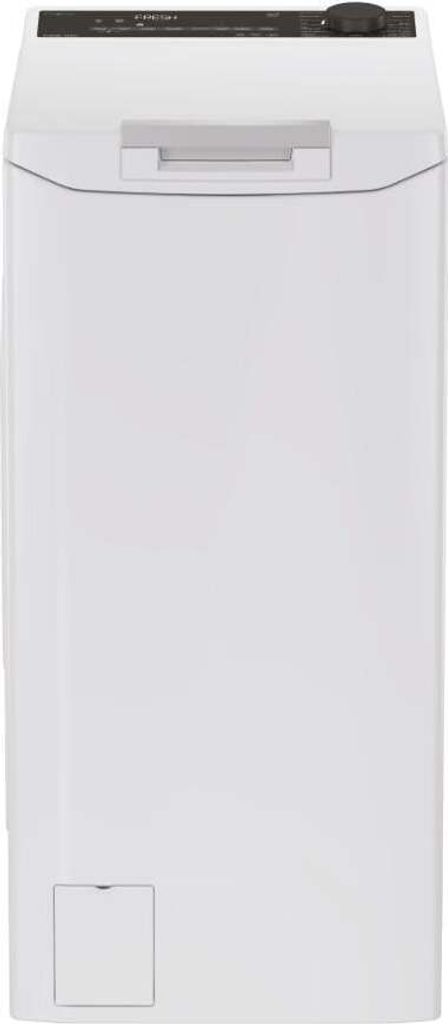 A front view of a white washing machine against a white background.