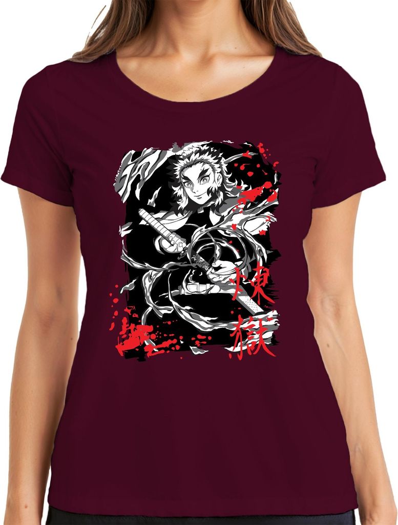 Rengoku Kimetsu no Yaiba Flammen Schwert Anime Fan grunge Damen T-Shirt, Burgundy, S