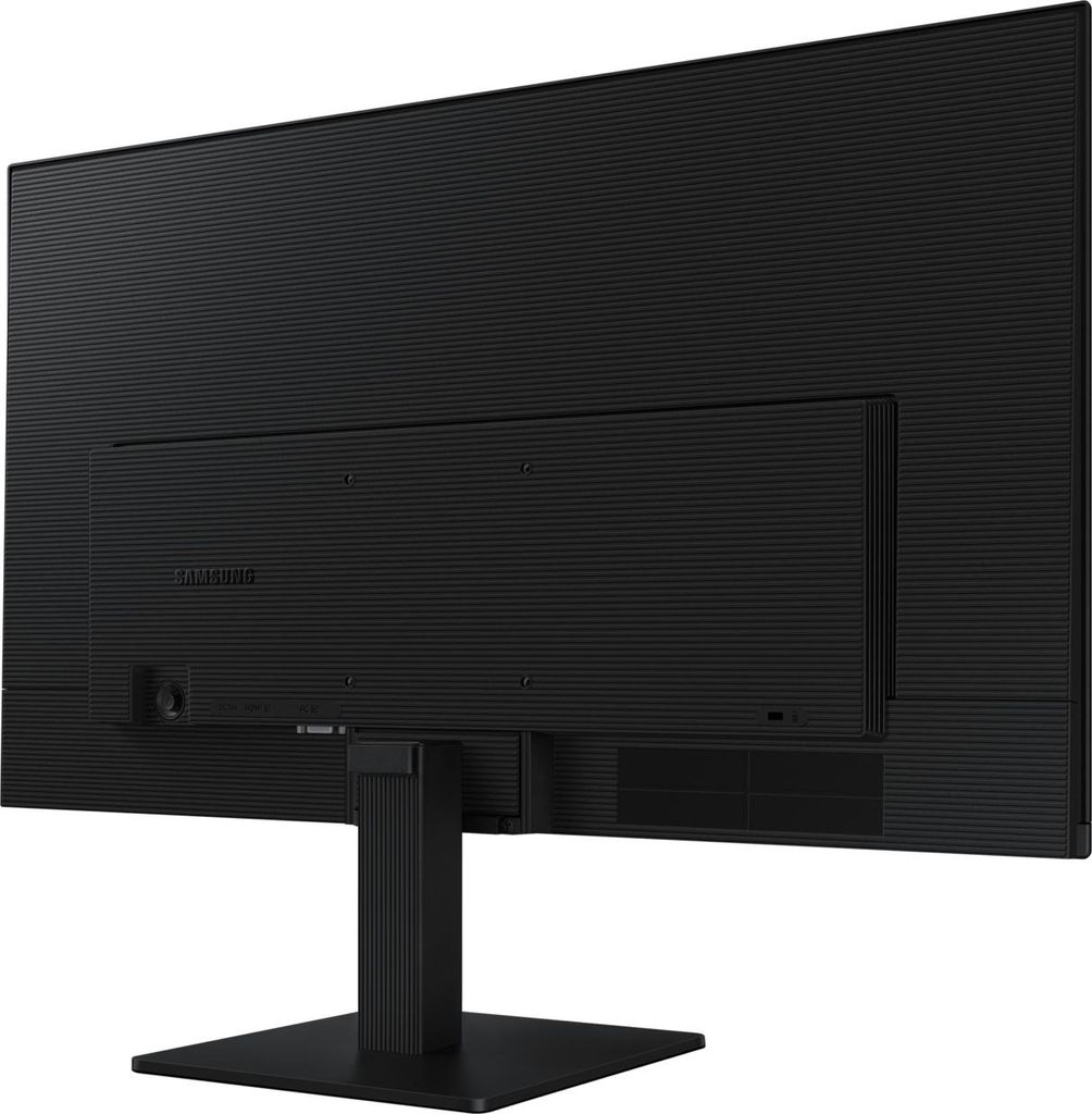 The back of a black Samsung monitor on a white background.