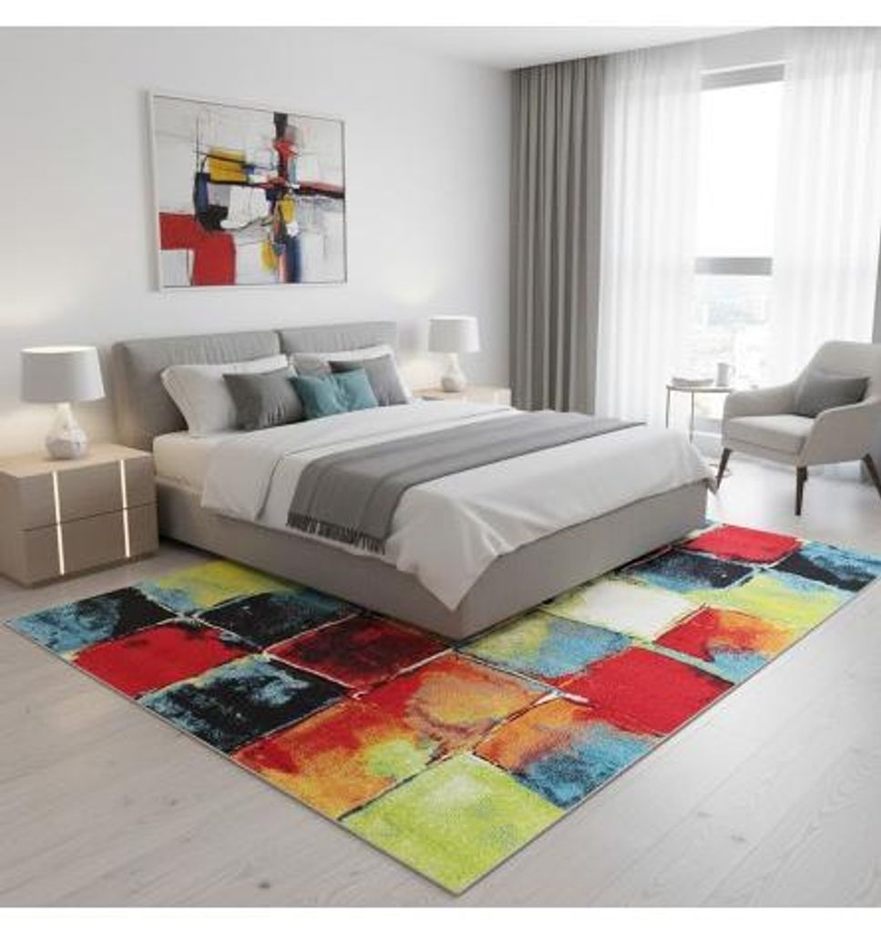 Moderner, mehrfarbiger Teppich mit abstraktem Patchworkmuster und 13 mm Florhöhe 120 x 170 cm Multi