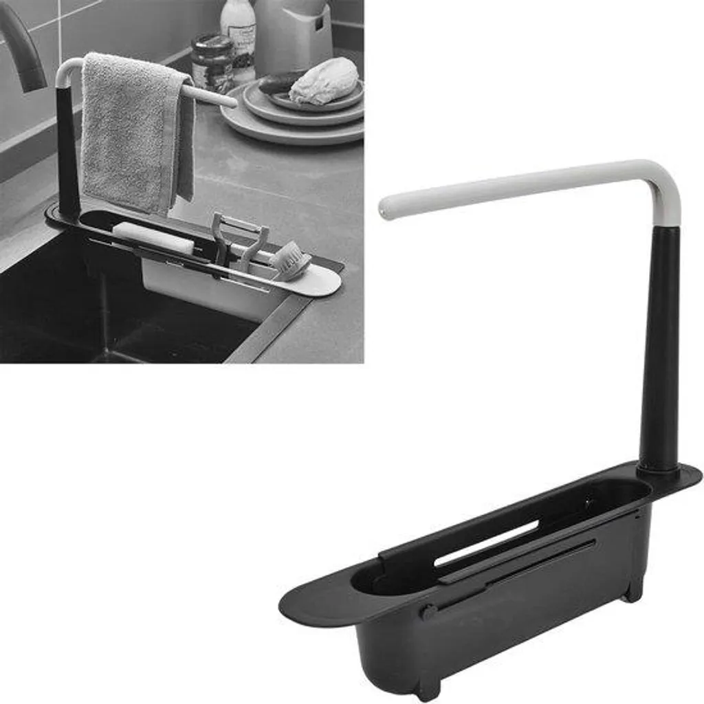 Étagère coulissante noire pour éponges et brosses - Rangement évier