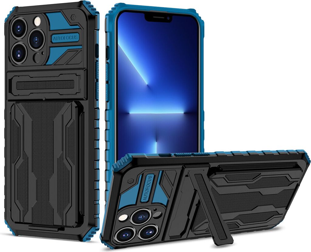 iPhone 14 Pro Max Hülle, Hybrid Robust Schutz Stoßfest Schutzhülle mit Kartenhalter Ständer für iPhone 14 Pro Max Blau