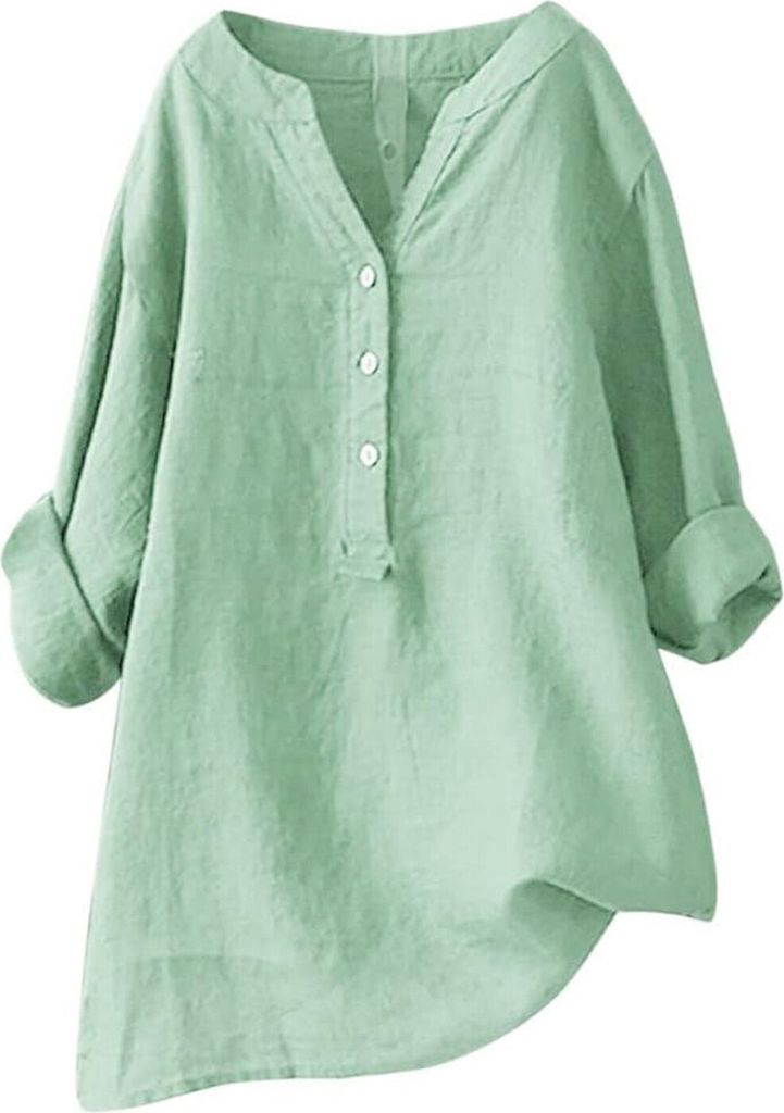 ASKSA Damen Baumwolle Leinen Bluse Einfarbig Langarm Shirt Lose Blusenshirt Knoepfen Aufrollen Tops, Hellgruen, Groesse: S