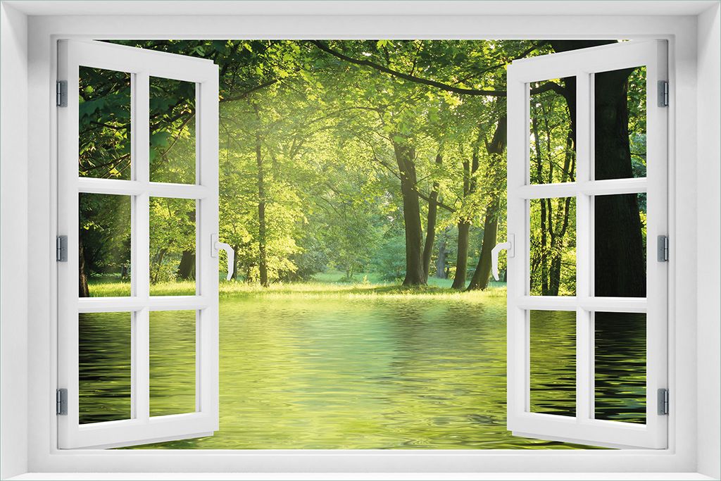 Wallario Poster mit Fenster-Illusion: Idyllischer See im Wald bei Sonnenschein, Größe: 61 x 91,5 cm (Maxiposter)