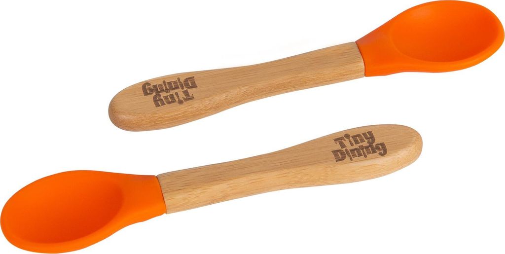 2x Orange Bambuslöffel fÃ1/4r Kinder - Silikonspitze - Baby-FÃ1/4tterungslöffel, Weich Gebogen - Umweltfreundlich - von Tiny Dining