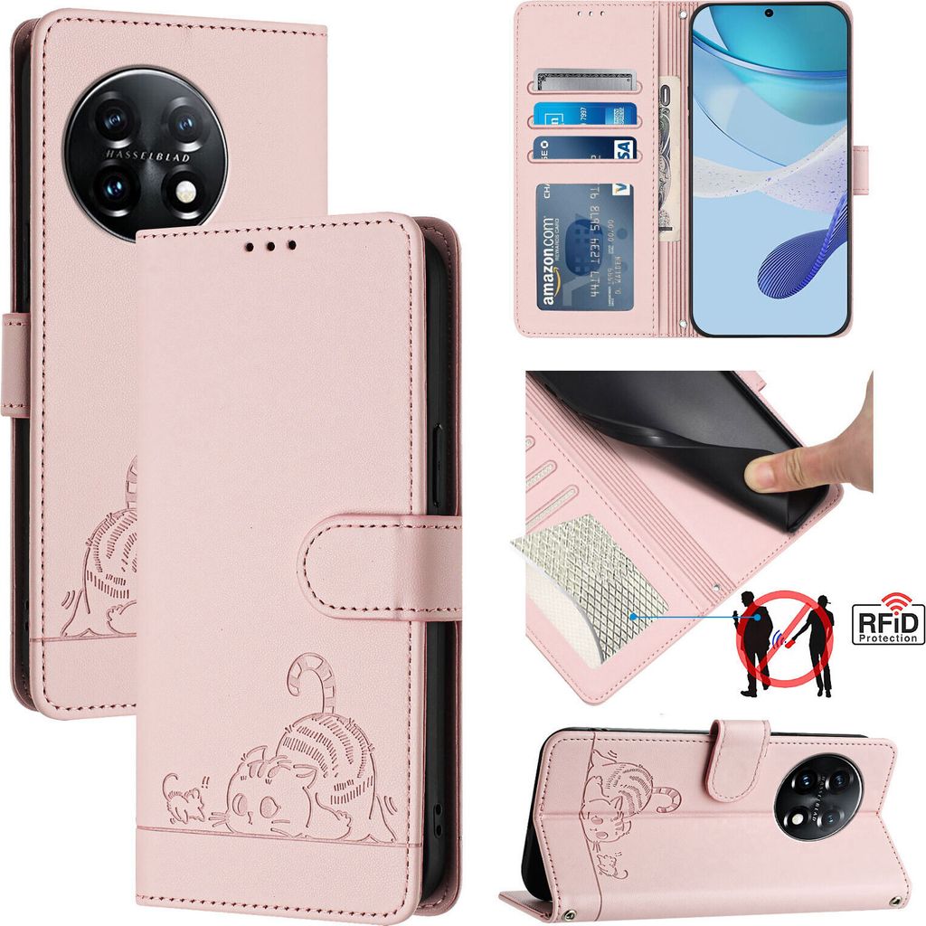 Leder Hülle für OnePlus 11 Süße Katze Flip Case Brieftasche Schutzhülle mit Standfunktion Pink