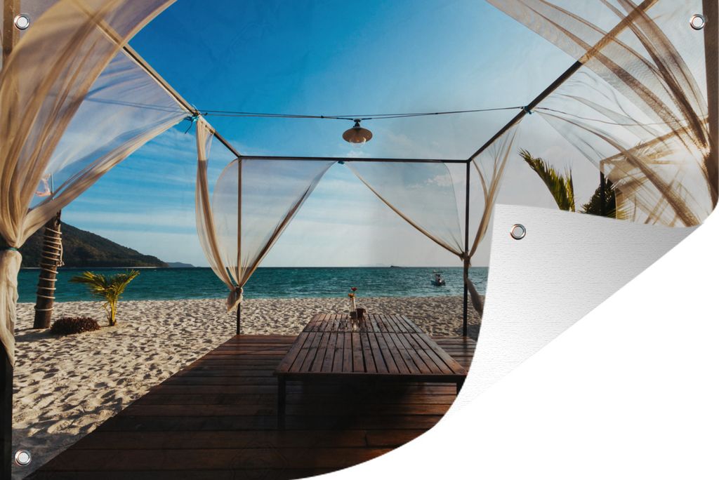MuchoWow 60x40 cm Outdoor-Poster Gartendeko Sichtschutz Garten Poster für den Garten Hölzerne Plattform an einem tropischen Strand in Bali