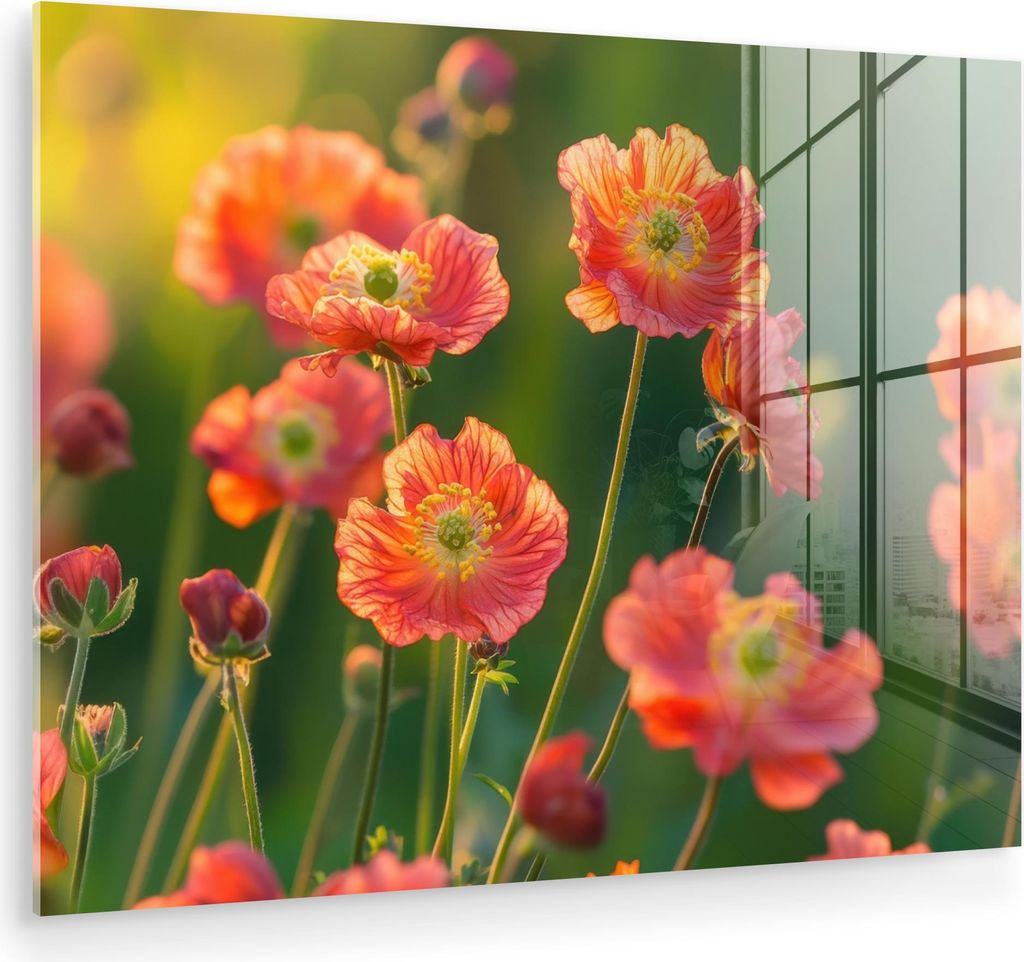MuchoWow Glasbilder - Bilder auf Wandbild - Foto auf Glas Blumenfeld - Sonnenstrahlen - Orange 80x60 cm Wanddekoration aus Glas - Acrylglasbild - A...