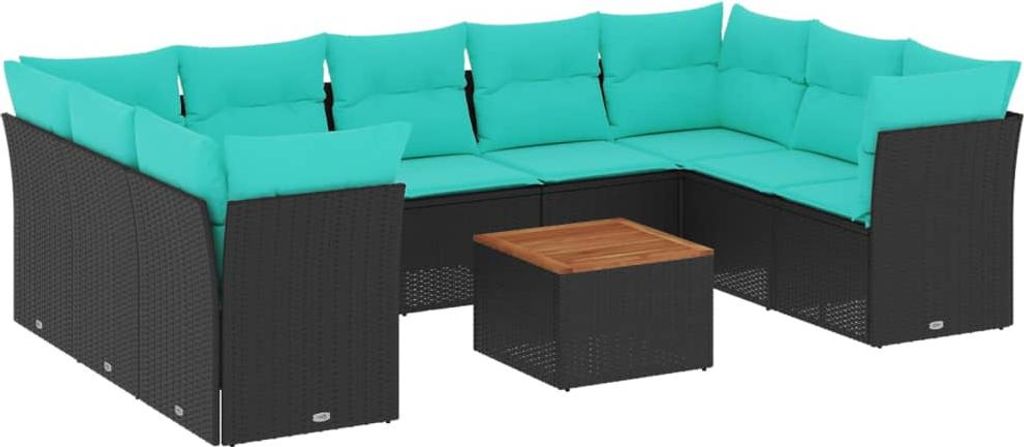 vidaXL 10-tlg. Garten-Sofagarnitur mit Kissen Schwarz Poly Rattan