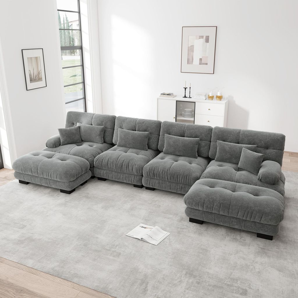 MODFU 4-Sitzer Polstersofa mit mit 2 Lendenkissen und 2 Dekokissen,U-förmiges Sofa,Loungesofa Chenille,mit 2 Ottoman,Modulares Sofa,Grau