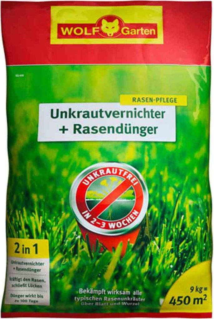A bag of WOLF-Garten lawn care product, showing the brand logo, product name, and key features.