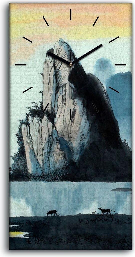 Wanduhr Bürouhr Leinwand Bild 30x60 Chinesische Landschaft Berg und Fluss - schwarze Hände