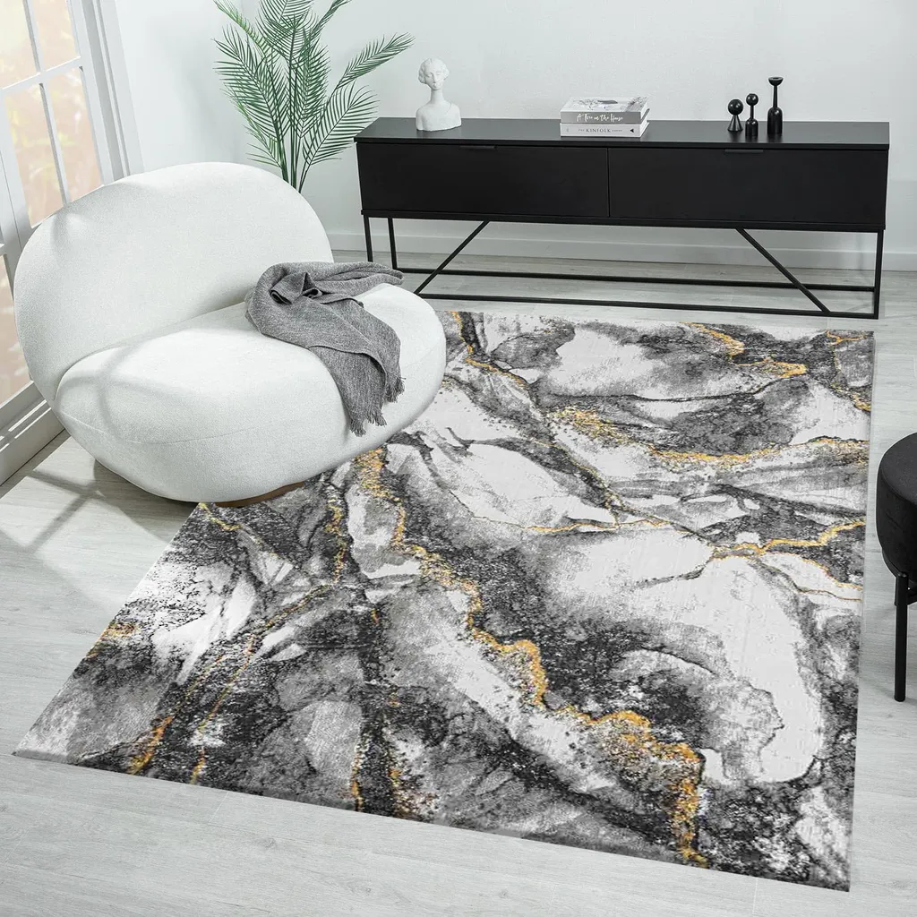 Tapis de salon design contemporain gris et doré - Effet marbre 80x150 cm