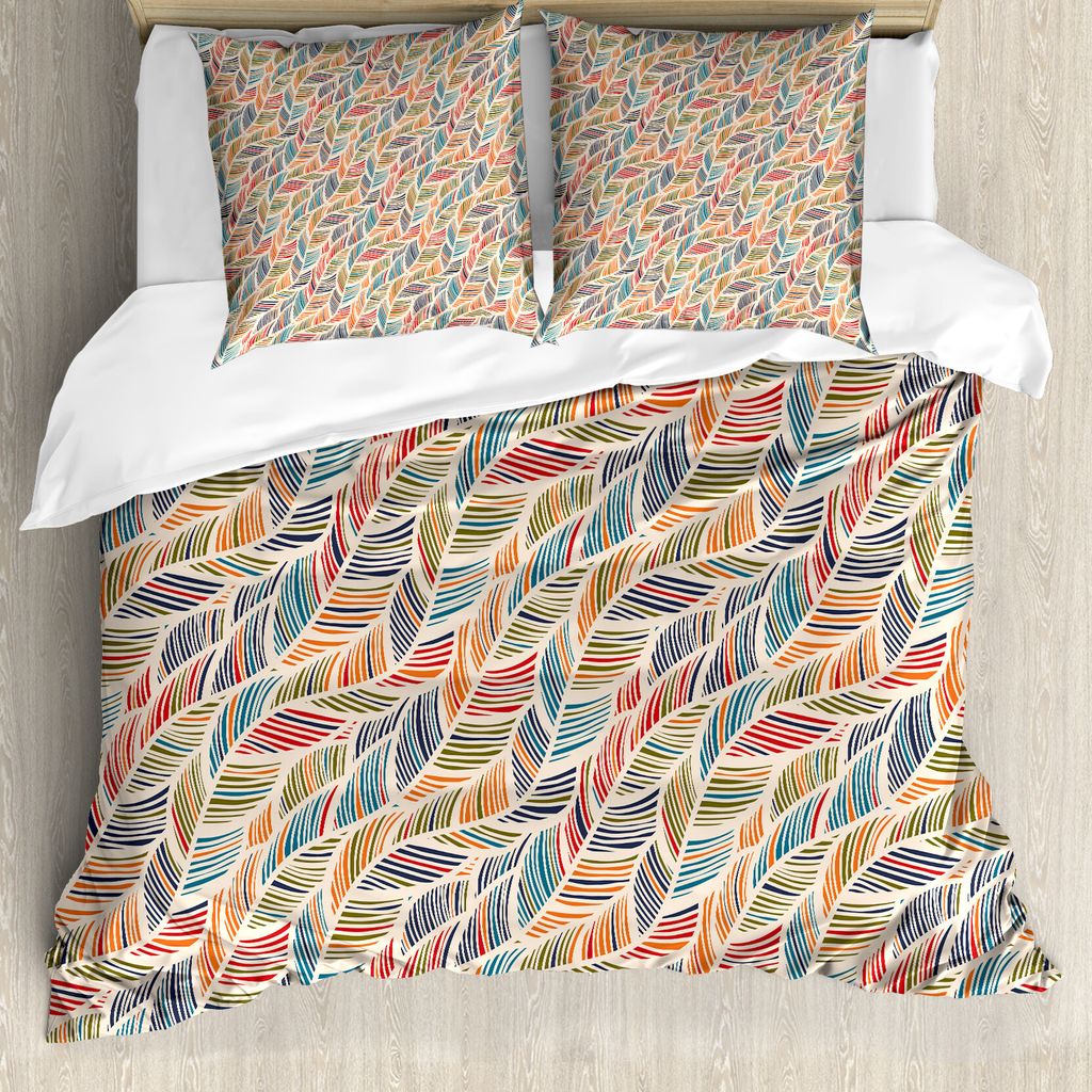 ABAKUHAUS Boho Bettbezug, Abstrakt Feder-Welle, Milbensicher Allergiker geeignet mit Kissenbezügen, 200 cm x 200 cm - 80 x 80 cm, Mehrfarbig