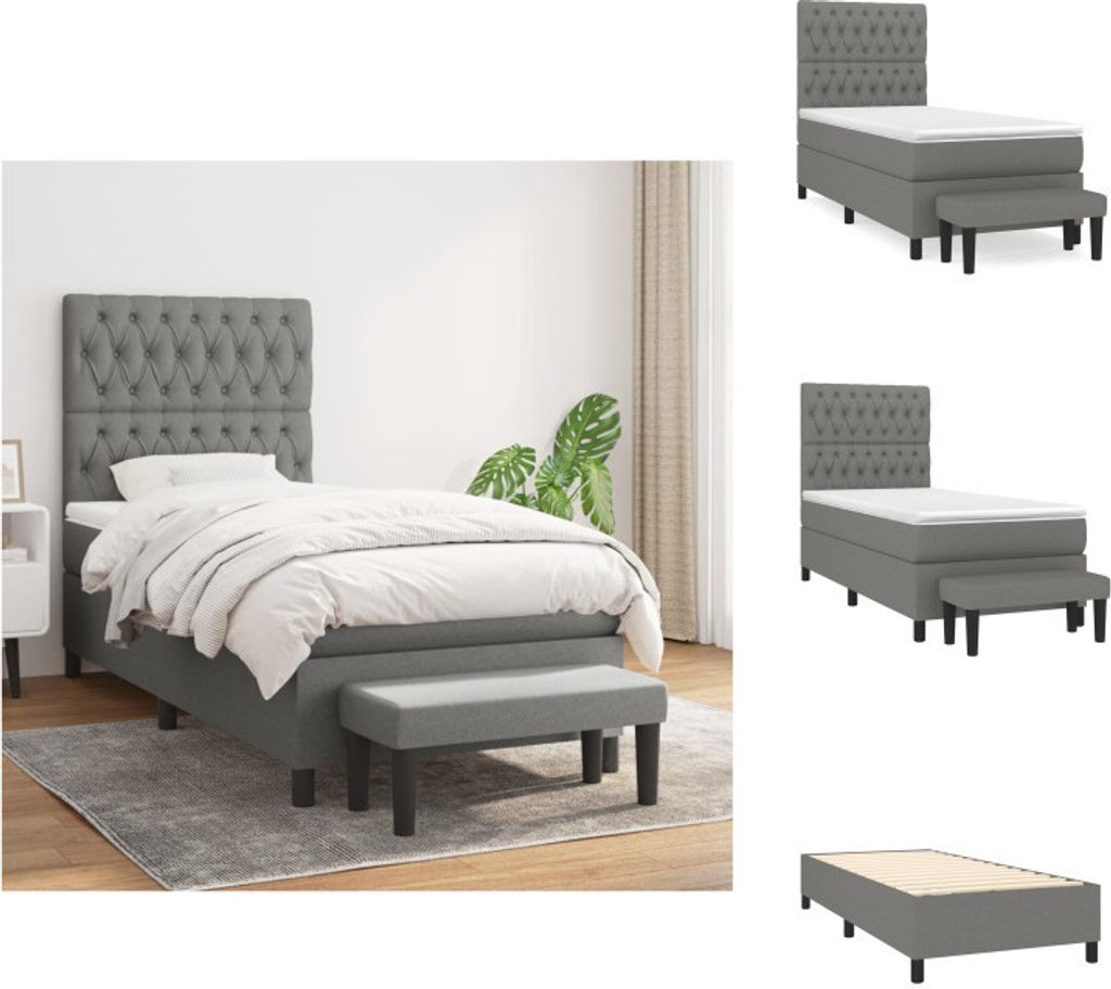 vidaXL Boxspringbett mit Matratze Dunkelgrau 90x190 cm Stoff - Betten & Bettgestelle