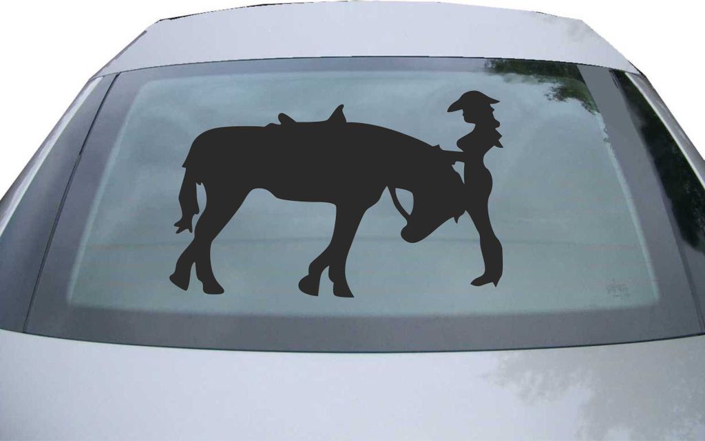 Indigos UG - Aufkleber Heckscheibe & Motorklappe DE6307 - schwarz - 600x371 mm - Cowgirl With Horse - John - Auto Scheiben Fenster Heckklappe Tunin...