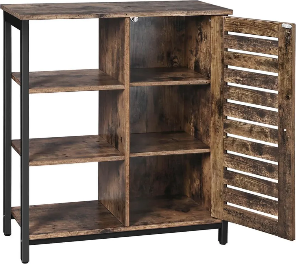 Buffet bas industriel avec porte à lamelles en métal noir et bois foncé - 2