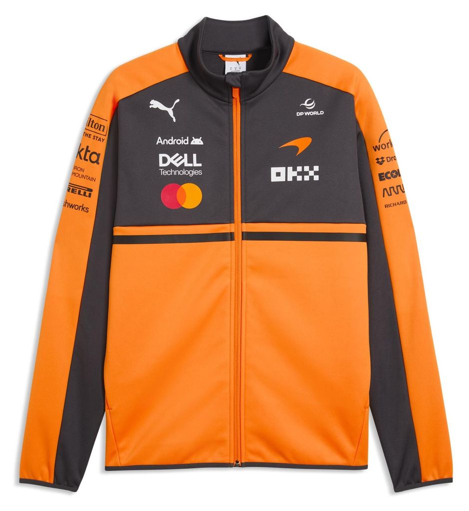 McLaren F1 Team Softshelljacke Puma 2026, Offizieller Fanartikel, Orange-Schwarze Jacke mit McLaren Logo und Teamsponsoren, 100% Polyester