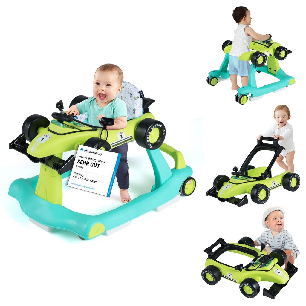 COSTWAY 4 in 1 Lauflernhilfe, Lauflernwagen, Baby Walker Autoförmig mit Musikbox, Licht & Rädern, Gehfrei Baby ab 6 Monaten, 12kg Belastbar, Grün