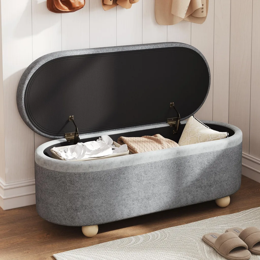 Banc coffre de rangement gris en polaire douce pour chambre et couloir