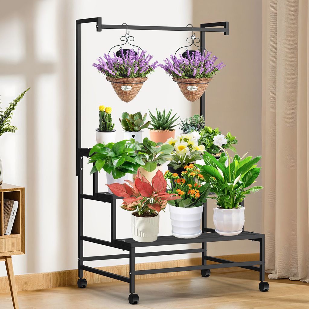 Pflanzenständer 3 Etagen Hohe Ecke Hängendes Pflanzenregal mit Rollen Blumentreppe Metall Blumenständer Leiter Pflanzenhalter für Balkon Garten...