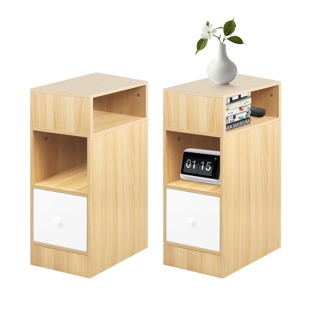 Nachttisch 2er Set, schmal, Beistelltisch mit 1 Schubladen,2 offenes Fach Holzfarbe