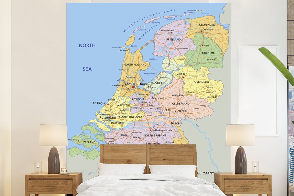 MuchoWow Fototapete für Wohnzimmer oder Schlafzimmer Wandtapete Vinyl Motivtapete Englische Karte - Niederlande - Farben - 180x220 cm - Tapezier...