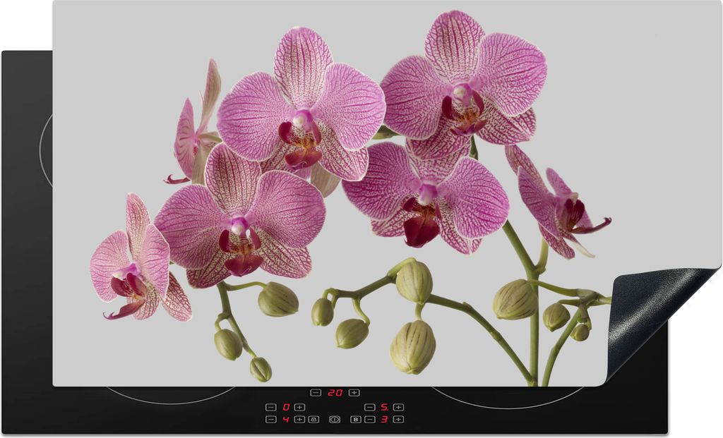 KitchenYeah Herdabdeckplatte Orchideen auf grauem Hintergrund , 90x52cm, Küche Deko, Glaskeramikkochfeld Herdabdeckung, Abdeckplatte fùr Kochfeld