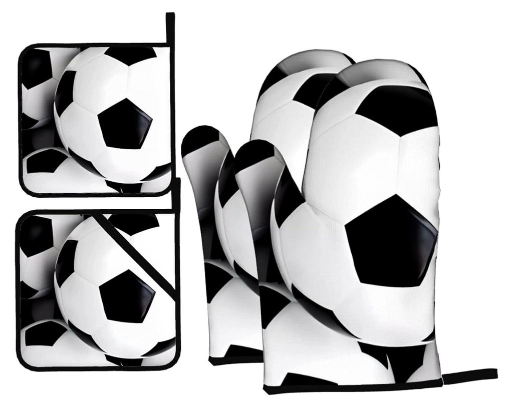 Fußball-Ofenhandschuhe und Topflappen, Set mit 4 rutschfesten Grillhandschuhen, hitzebeständig für Küche, Kochen, Backen, Grillen