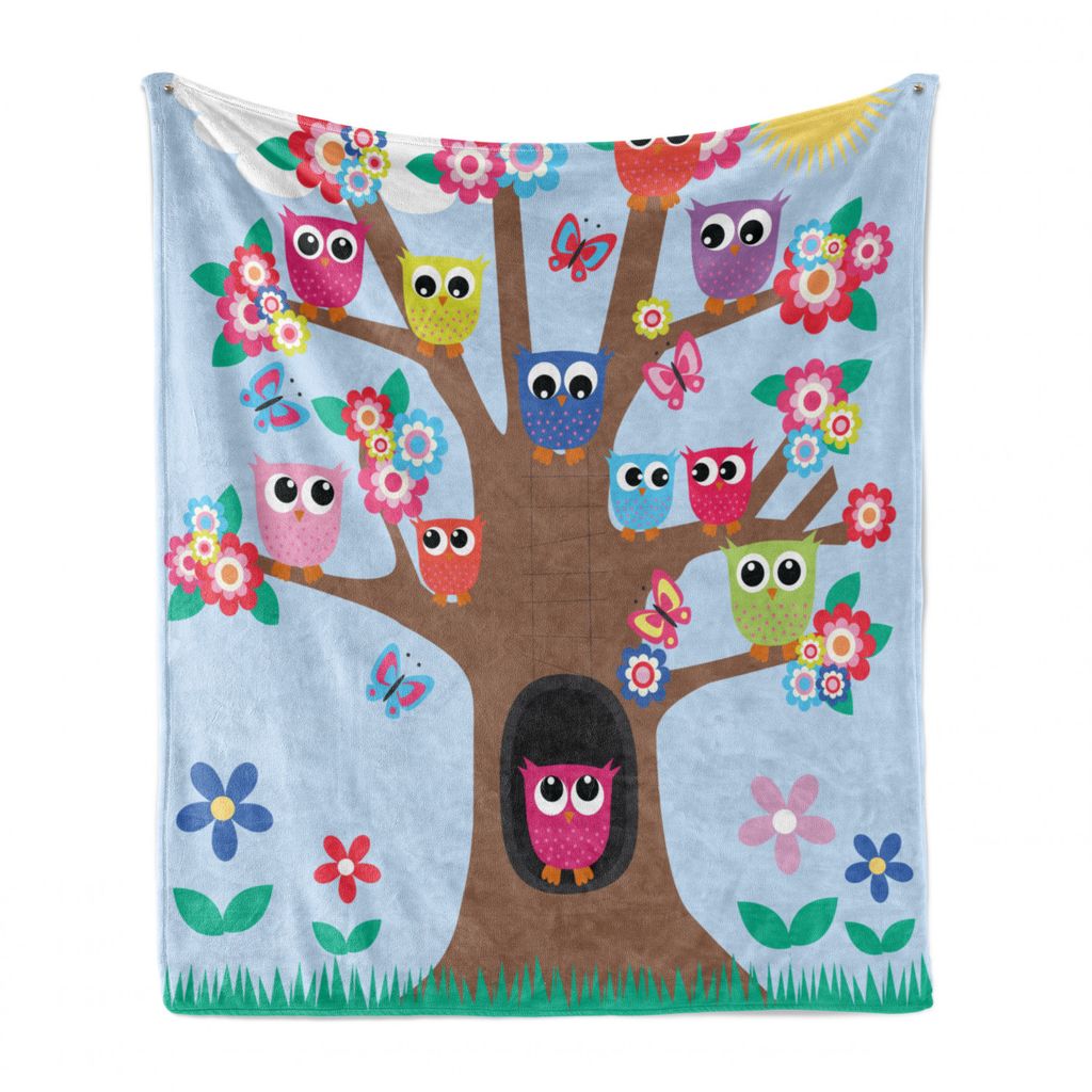 ABAKUHAUS Eule Weich Flanell Fleece Decke, Vögel und Schmetterlinge, Gemütlicher Plüsch für den Innen- und Außenbereich, 125 x 175 cm, Mehrfarbig