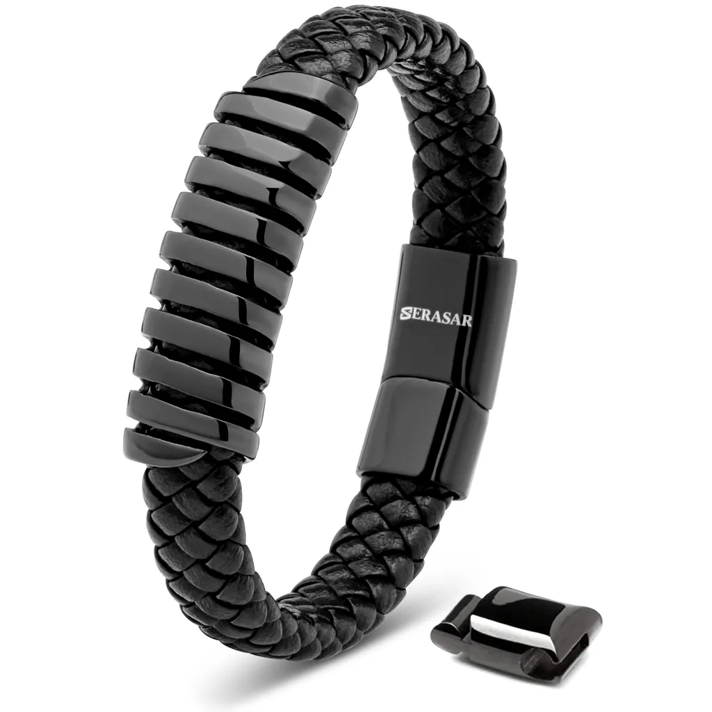 SERASAR Bracciale Pelle Helix 17cm Nero - Eleganza Maschile Autentica