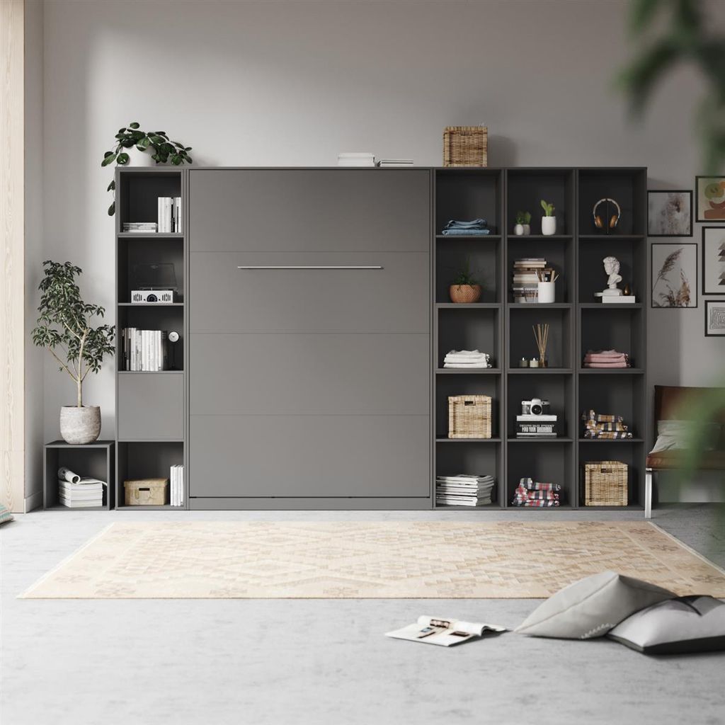 SMARTBett WOHNWAND Schrankbett 140x200 Vertikal mit Regalen Anthrazit