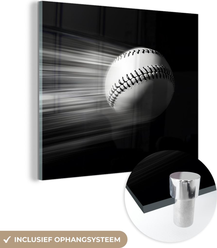 MuchoWow Glasbilder - Bilder auf Wandbild - Foto auf Glas Baseball - Weiß - Fliegen 40x40 cm Wanddekoration aus Glas - Acrylglasbild - Acrylbilder