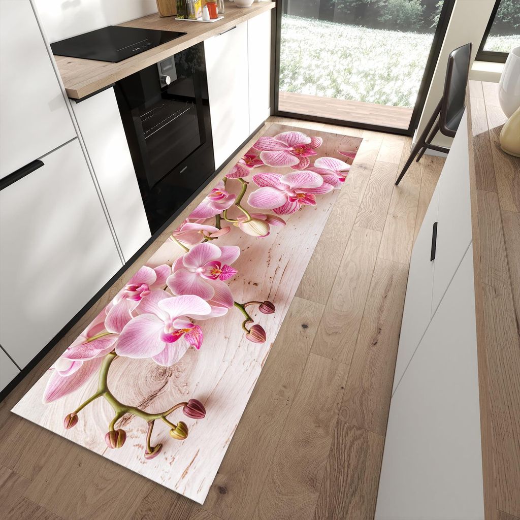 Küchenteppich 80x280cm rutschfest & abwischbar PVC Läufer - Orchideen_tabletop