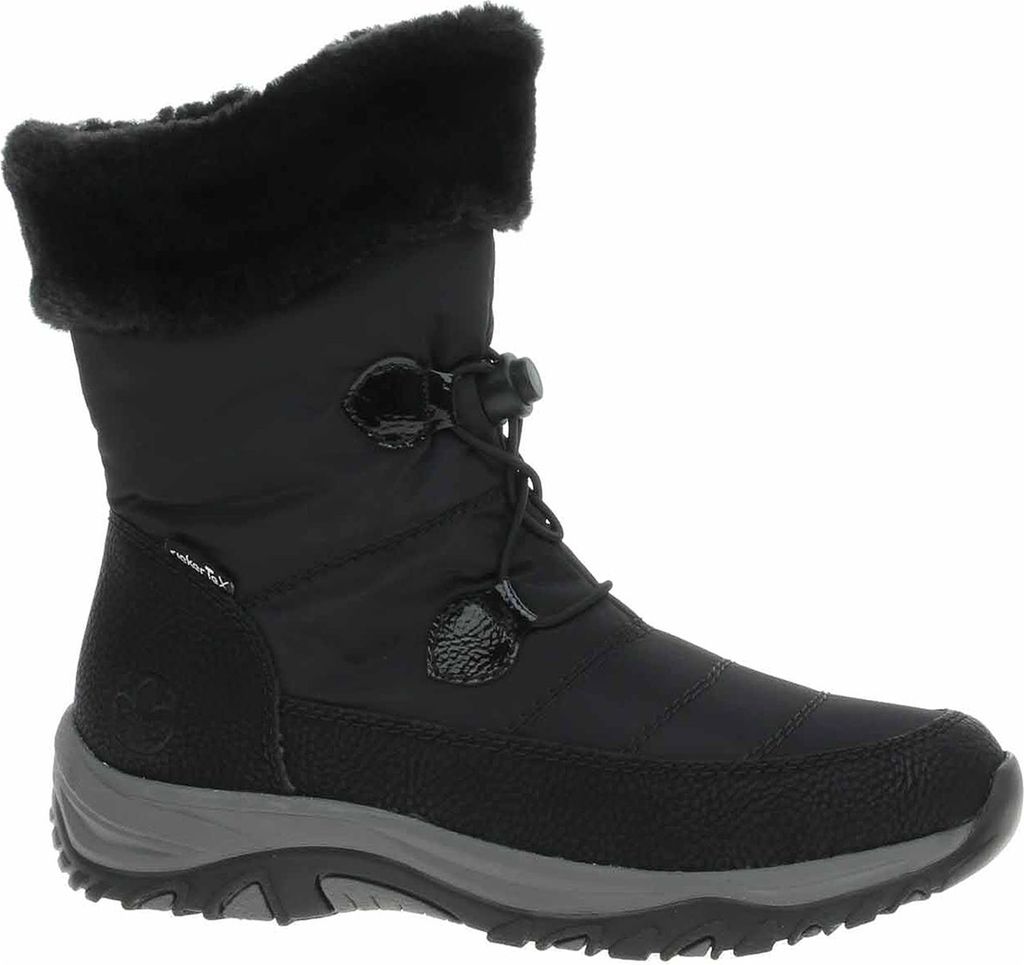 A black winter boot with fur trim.