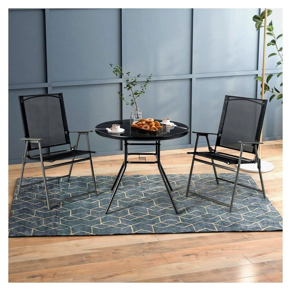 Gartentisch Metall, 86 cm Beistelltisch für den Außenbereich mit Glasplatte und 3,5 cm Schirmloch, wetterfester Balkontisch, Terrassentisch, Esst...