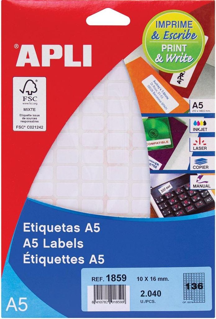 Apli – Weiße Etiketten Print Write ft 10 x 16 mm (B x H), 2.040 Stück, 136 pro Blatt (1859)