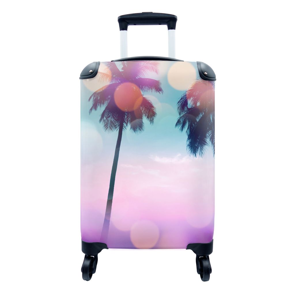 MuchoWow Koffer Handgepäck Trolley Rollkoffer Kleine Reisekoffer mit 4 Rollen - Sommer - Palmen - Himmel - Rosa - Cabin Size < 55x40x23 cm & 55x...