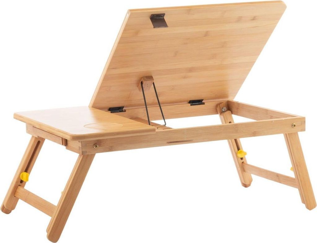 A wooden laptop table with adjustable legs and an adjustable top, shown against a white background.