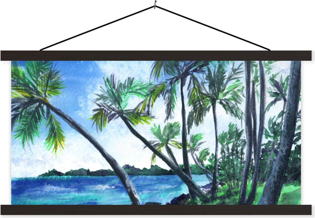 MuchoWow Textilposter Palme - Wasser - Himmel 150x75 cm mit schwarzem Rahmen - Posterleiste