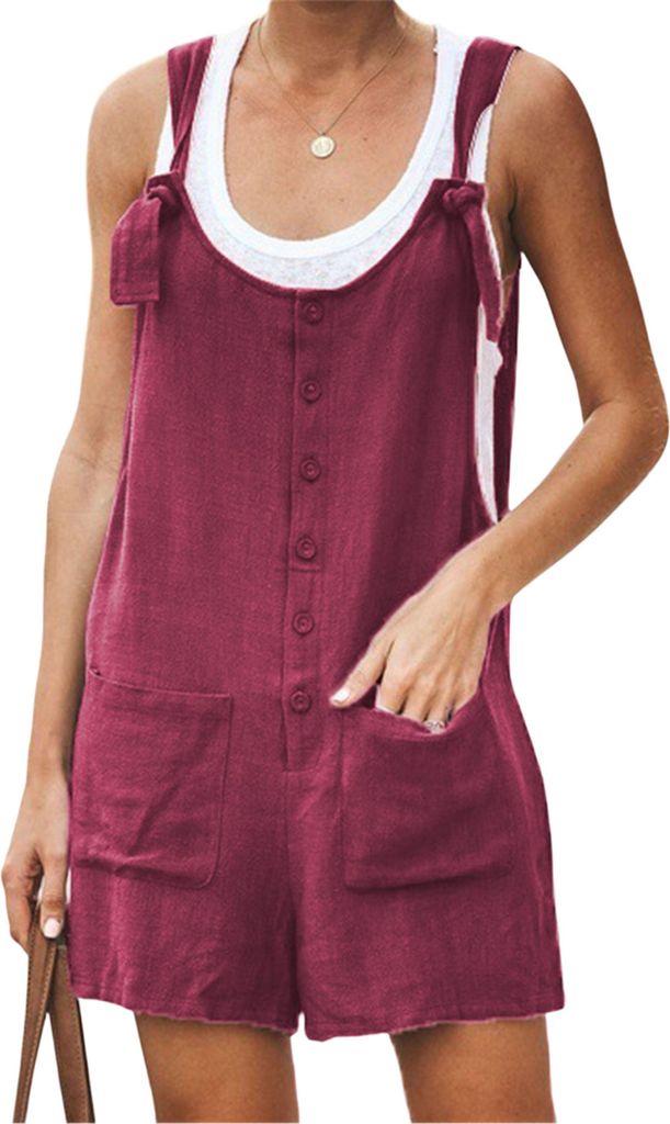 ASKSA Damen Kurz Jumpsuit Sommer Playsuit Kurz Romper Shorts Latzhose Frauen Overalls mit Taschen, Weinrot, Groesse: 5XL