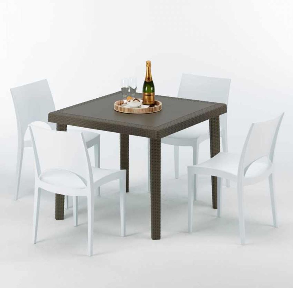 Poly Rattan Tisch Quadratisch mit 4 Bunten Stühlen 90x90 Braun Brown Passion
