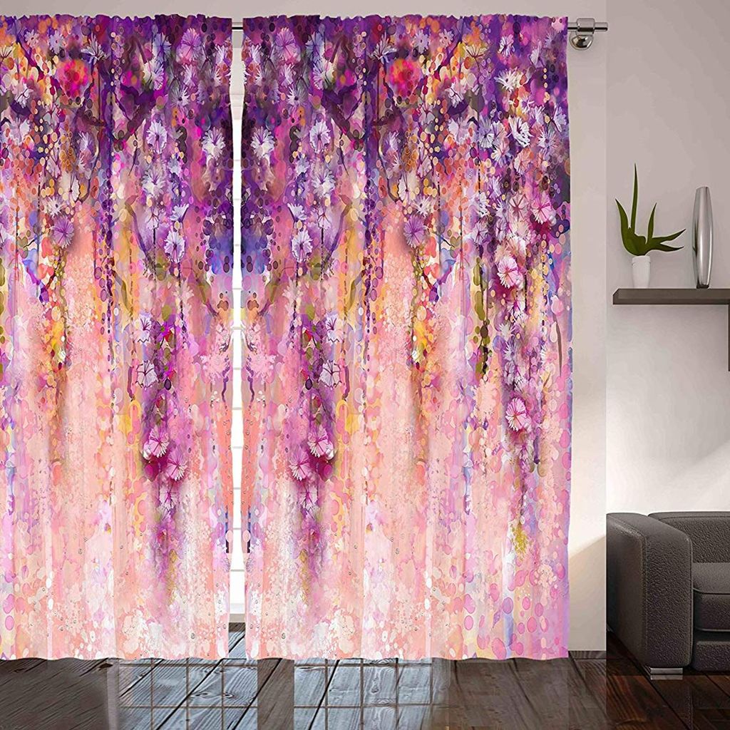 ARANDE Blume Gardine, Aquarell Anstrich Effekt Wisteri Baum blüht weiche szenische Frühlings Anzeige, 280 x 245 cm, Violet Lila Pink