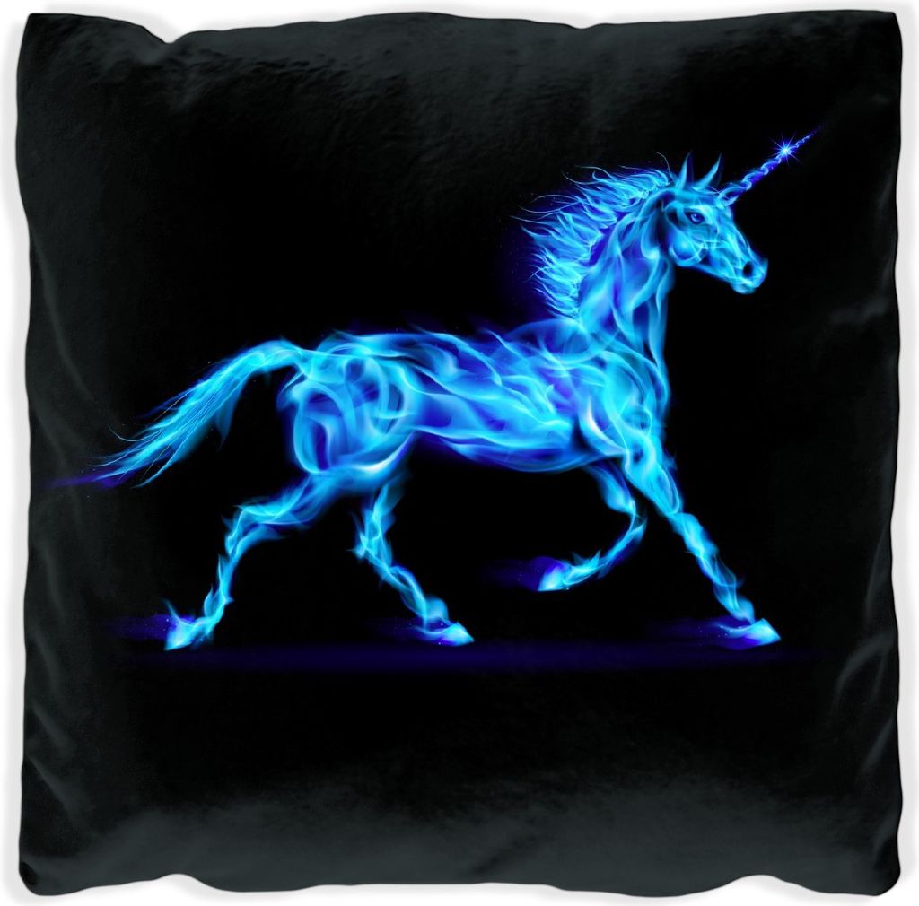 Wallario Premium Kissen, weiche Oberfläche, mit Motiv Design Einhorn - aus blauen Flammen, Größe: 30 x 30 cm, mit weißer Rückseite